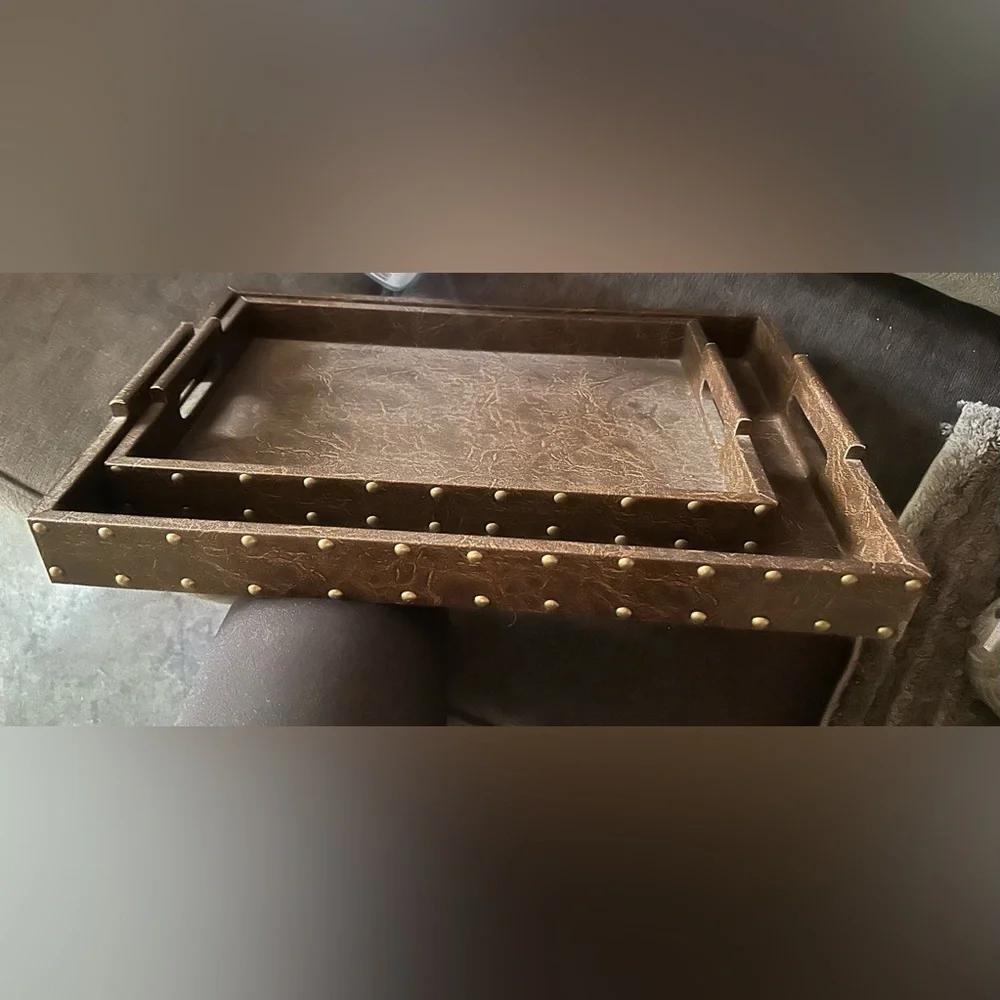 Brown Decorative Studded Storage Tray - Home Set of 2
